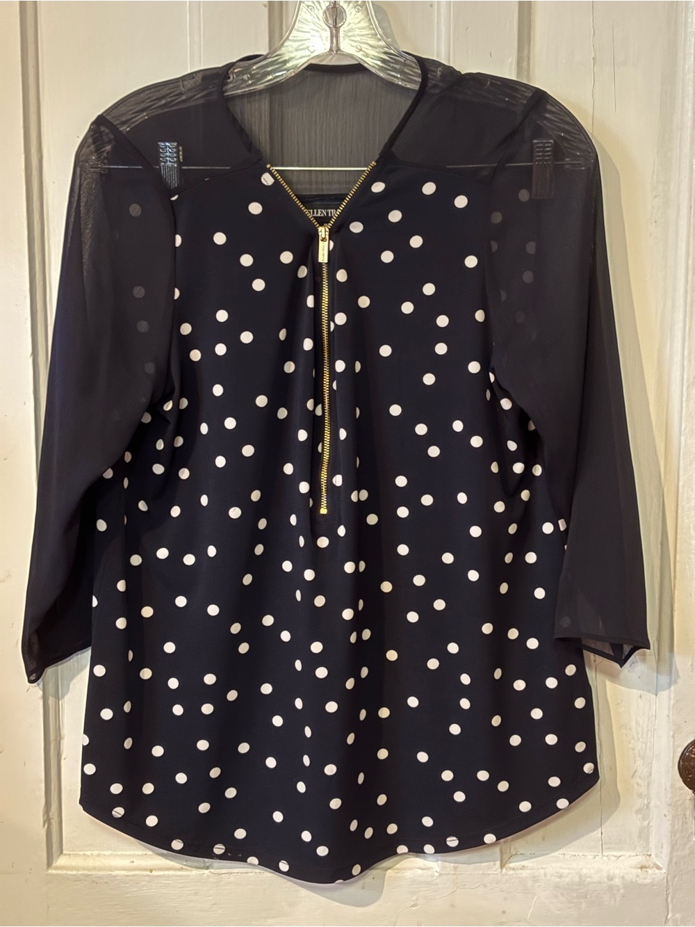 Ellen Tracy Navy & White Polka Dot Zip-Front Blouse